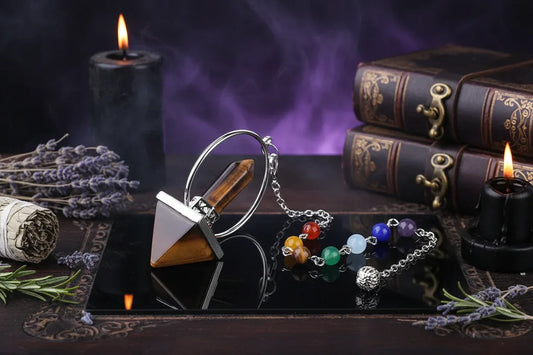 Chakra Pyramid Pendulum - Sorceress Sanctuary Tiger Eye-Lapis lazuli-Pink crystal-Obsidian-Amethyst