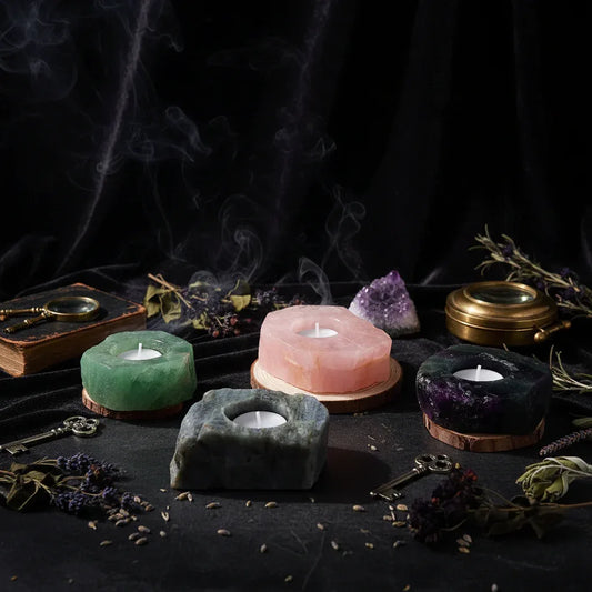 Crystal Candle Holders - Sorceress Sanctuary Tiger's Eye Candlestick-Pink crystal candlestick-Fluorite Candlestick-Green Fluorite Candlestick-Peach Blossom Stone