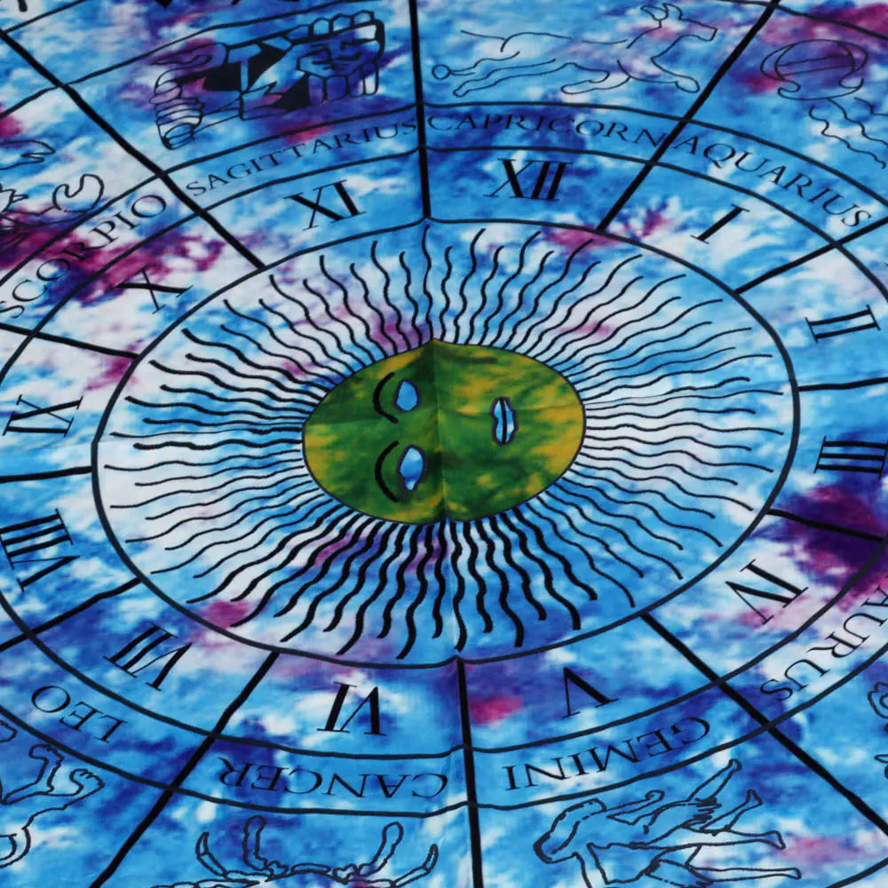 Zodiac wheel with astrological signs on a tie-dye background