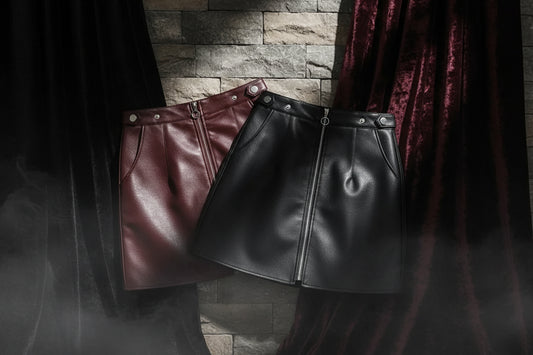 Two leather skirts, one brown and one black, on a light gray background.