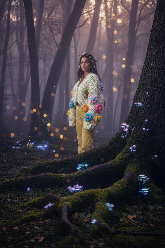 Person wearing a large, knitted sweater with colorful flower patterns outdoors.