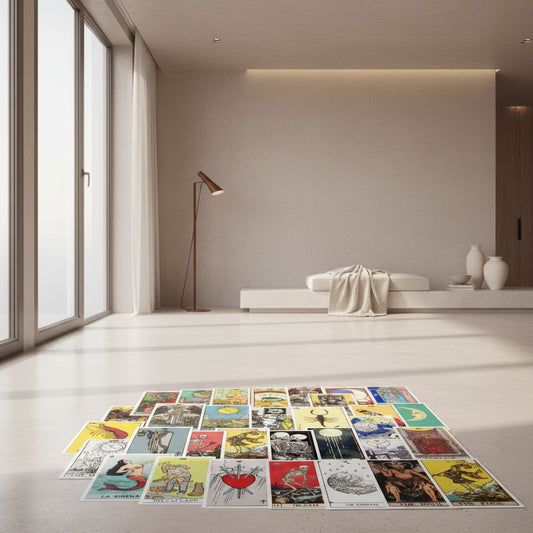 Collection of tarot cards with various designs and symbols on a white background