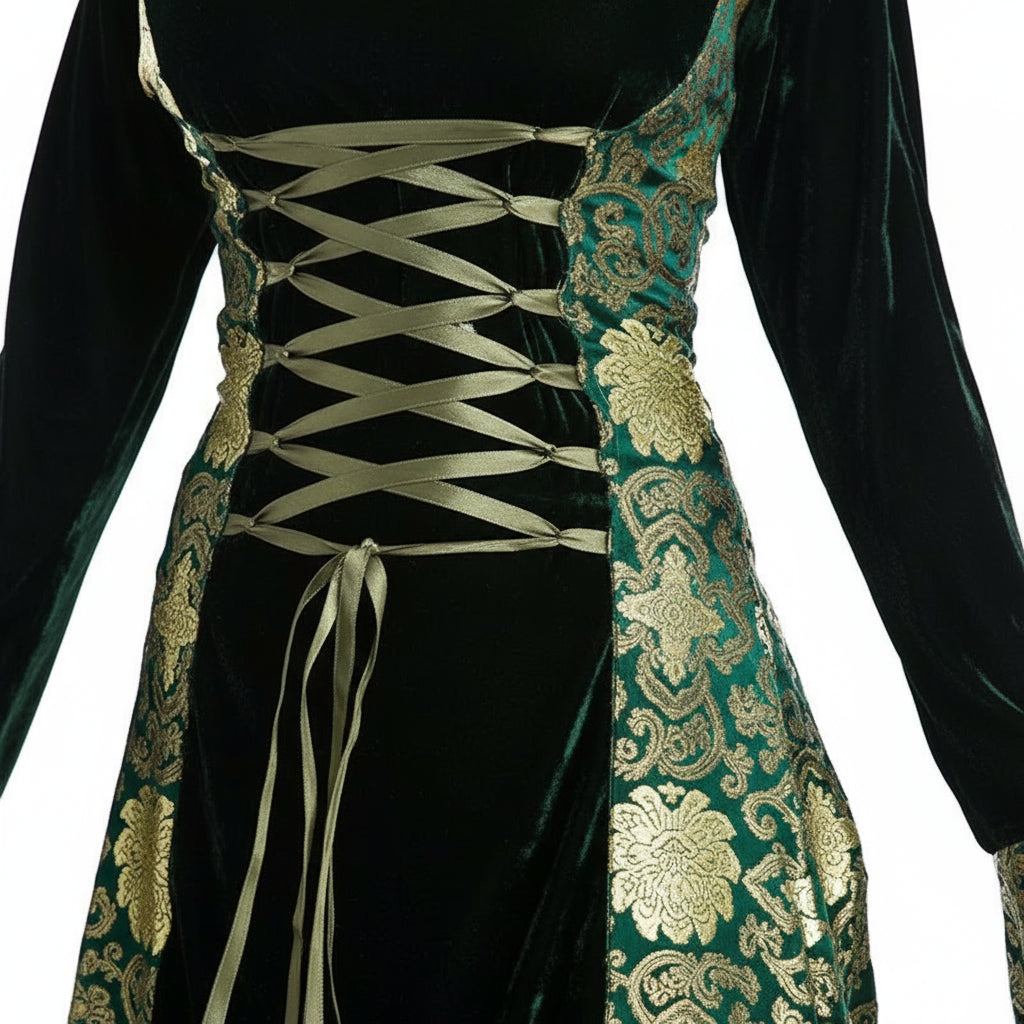 Woman wearing a green and black medieval-style dress on a white background