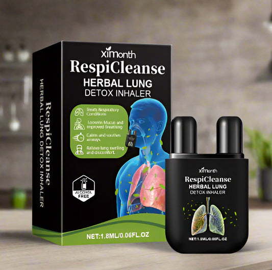 RespiCleanse Herbal Lung Detox Inhaler packaging with black inhaler and box on a white background