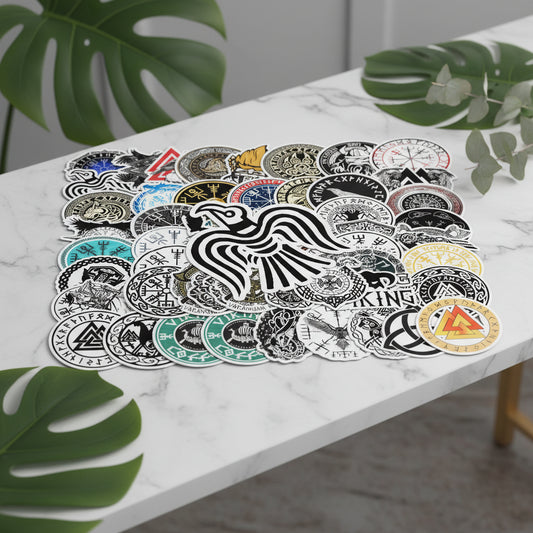 Collection of Viking-themed stickers with various symbols and designs.