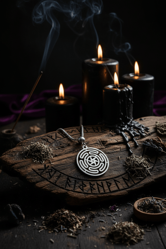 Silver labyrinth pendant on a chain against a purple fabric background
