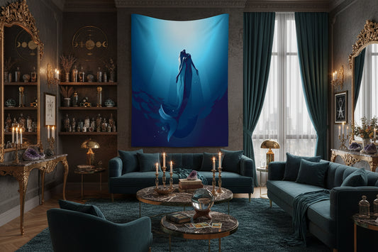 Mermaid silhouette in an underwater scene on a blue fabric background