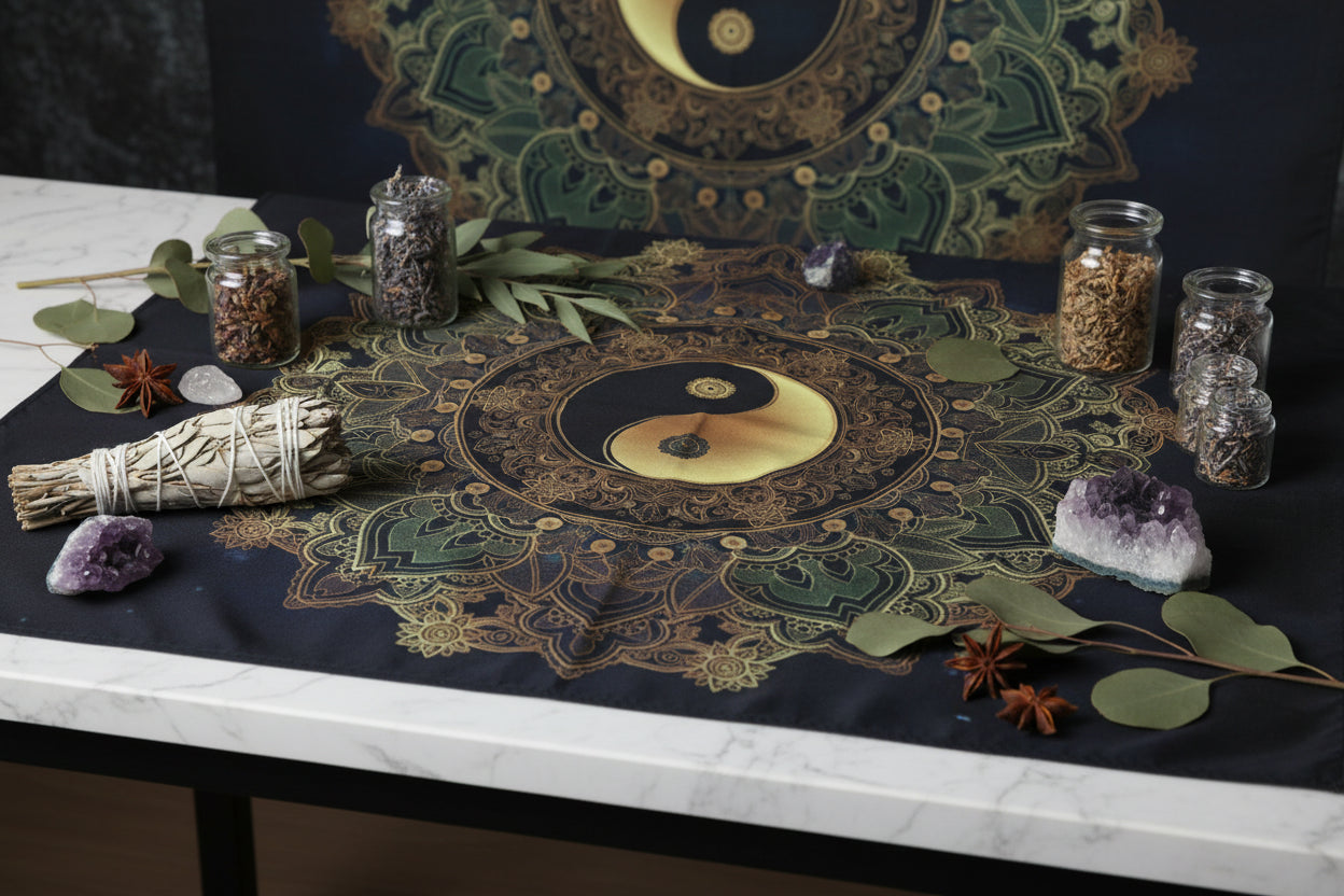 Decorative tapestry with a mandala design and yin yang symbol on a black background