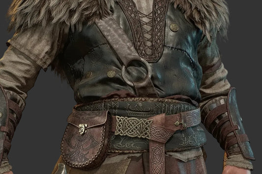 Close-up of a person wearing a detailed costume with a belt and pouches.