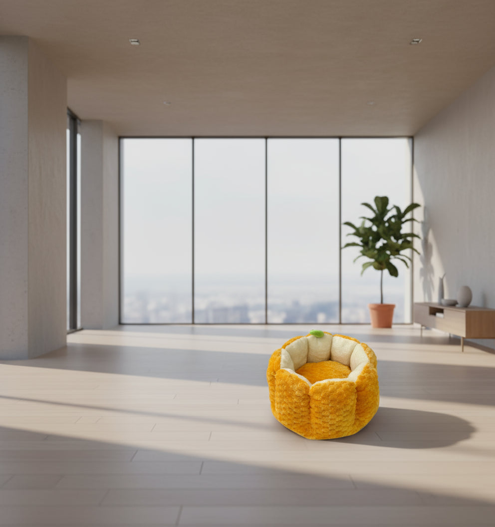 Yellow pet bed with white interior on a white background