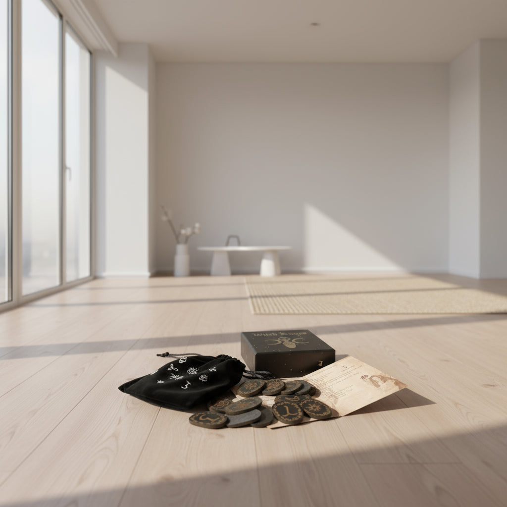 Witch Runes set with black drawstring bag, book, and stones on a gray surface
