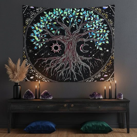 Decorative tapestry with a colorful tree design hanging on a wall above a chair and table.