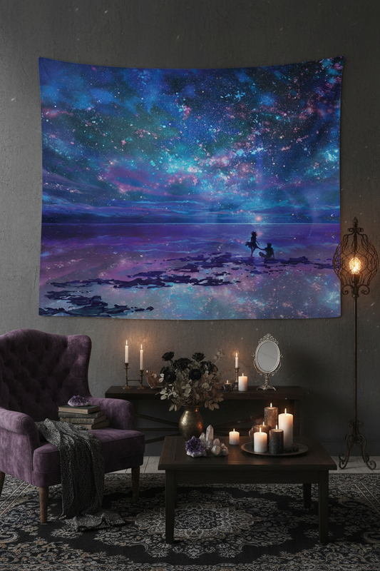 Tapestry with a cosmic scene of two people on a beach under a starry sky.