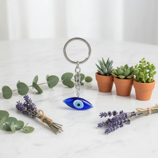 Keychain with a blue eye charm on a white background