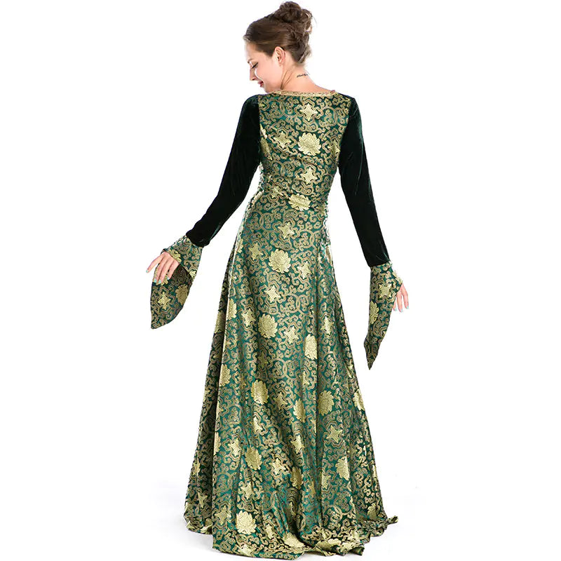 Woman wearing a green floral dress with long sleeves on a white background