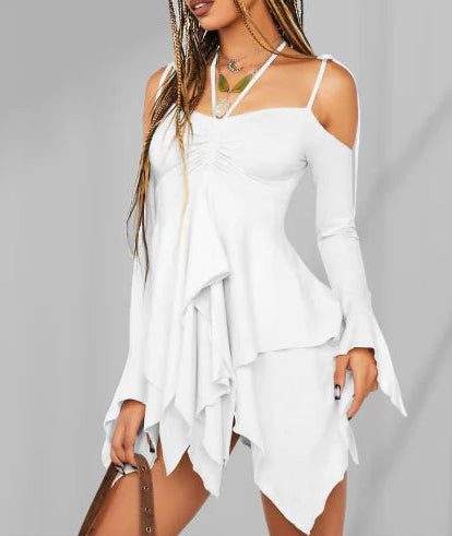 White long-sleeve dress with ruffled layers on a gray background