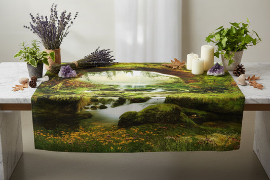 Nature-themed tapestry of a forest scene with a stream on a wall.