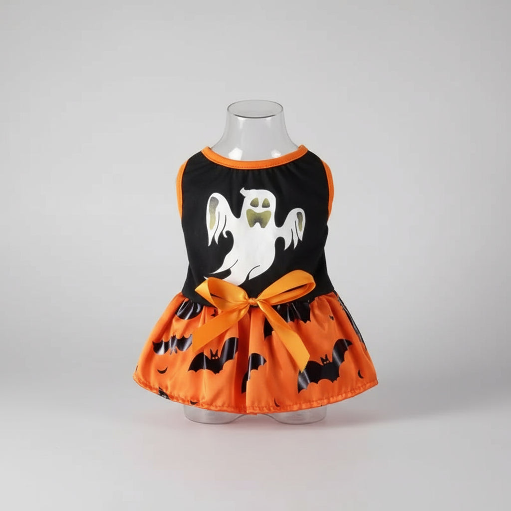 Halloween-themed pet dress with ghost and bat designs on a white background