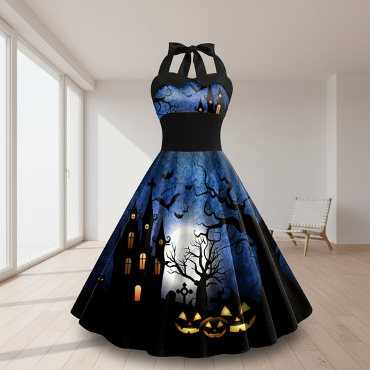 Halloween-themed dress with pumpkins, bats, and a castle on a blue background