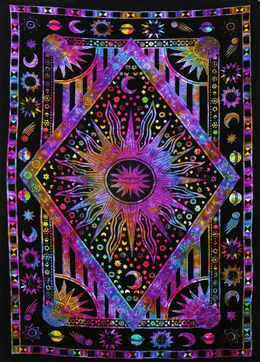 Colorful tapestry with geometric patterns and celestial designs on a black background