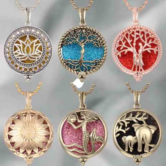 Set of six circular pendants with various designs on a white background