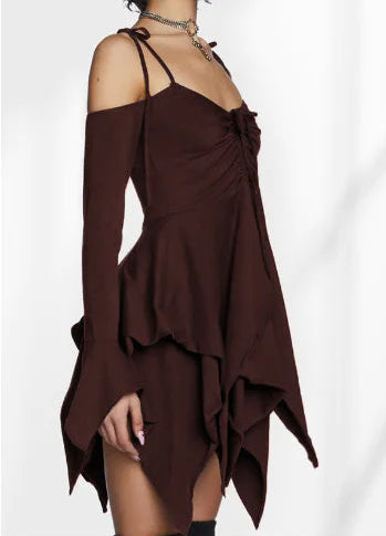 Brown dress with long sleeves and layered skirt on a white background