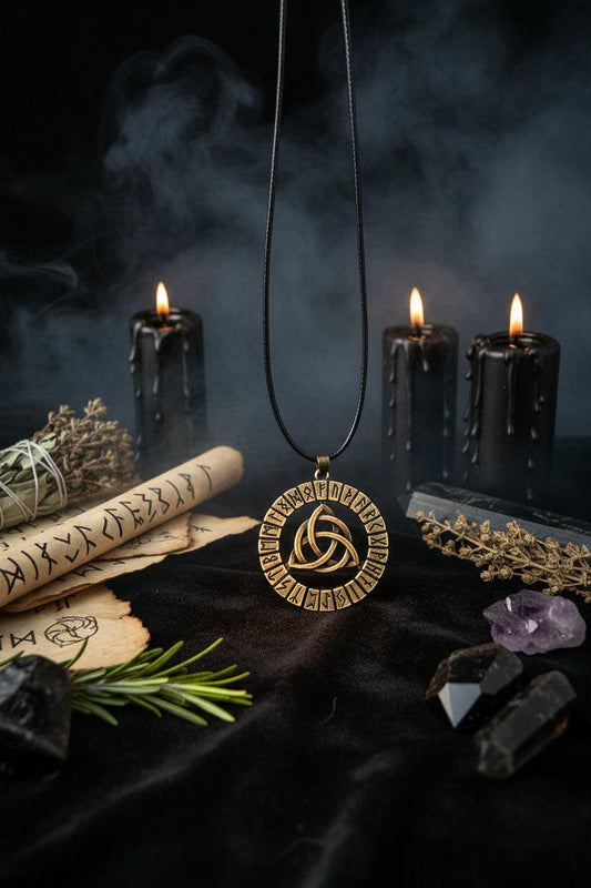 Bronze pendant with Runes and Celtic knot design held in a hand.