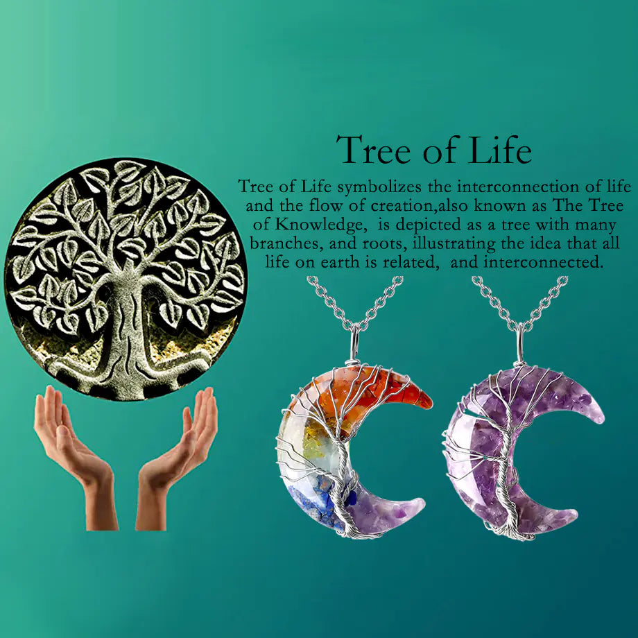 Tree of Life pendant with colorful stones on a teal background