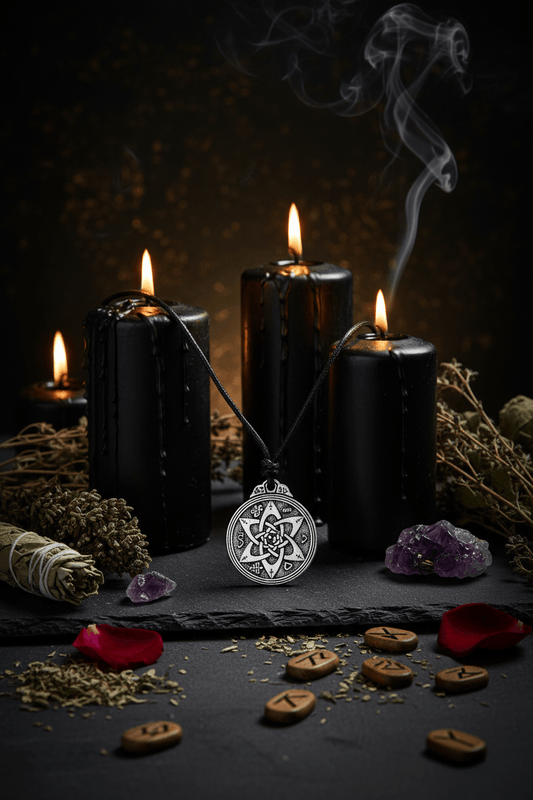 Celtic knot pendant on a black cord against a white background