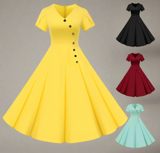 Yellow dress with button details, black dress, red dress, and teal dress on a white background