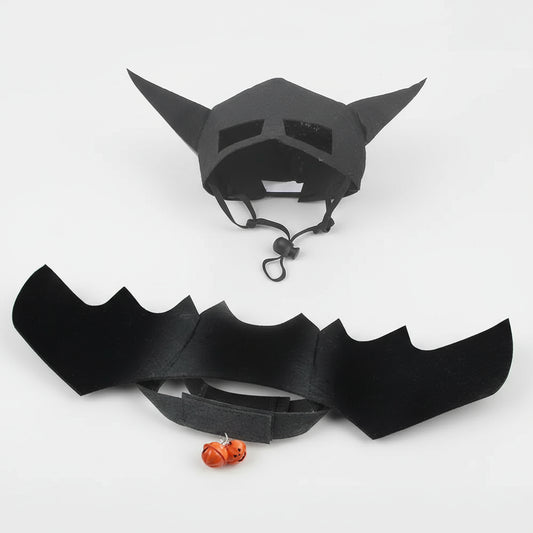 Black cat bat man costume with wings and tail accessory on a white background