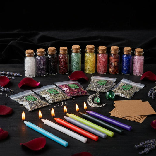 Witchcraft set with bottles, bags, candles, and a necklace on a white background