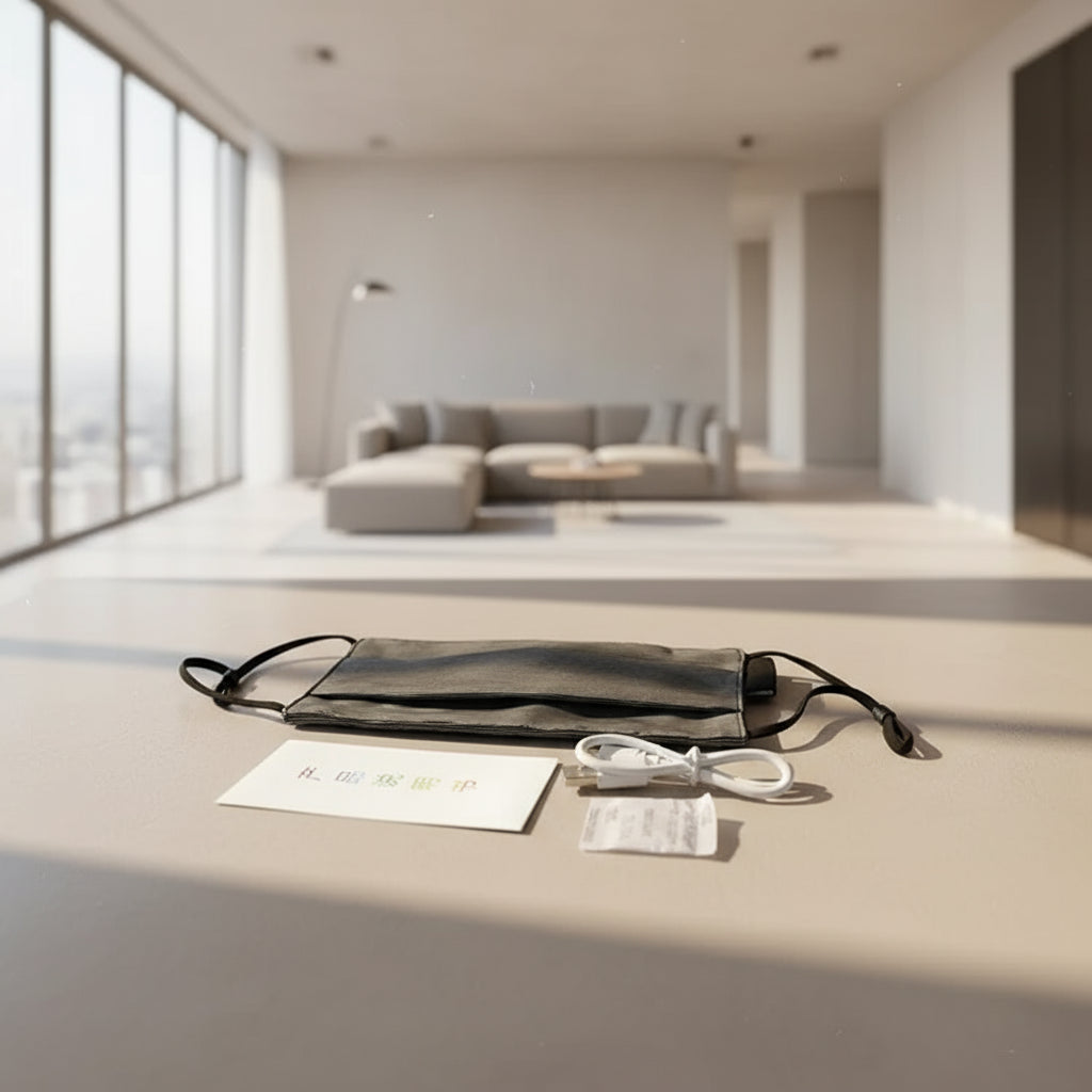 Gray led face mask with ear loops on a wooden surface, accompanied by a white card and USB cable.