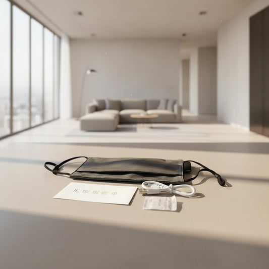 Gray led face mask with ear loops on a wooden surface, accompanied by a white card and USB cable.
