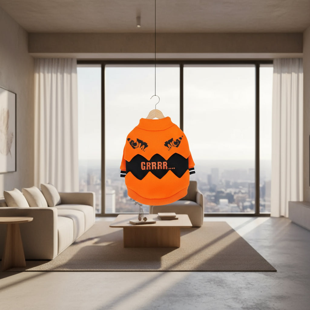 halloween Orange and black dog sweater with 'GRRR' text and wolf design on a white background