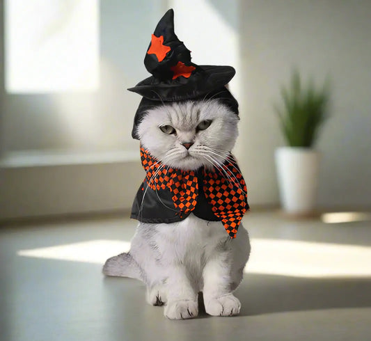 Cat wearing a Halloween-themed witch costume with a hat and scarf on a white background