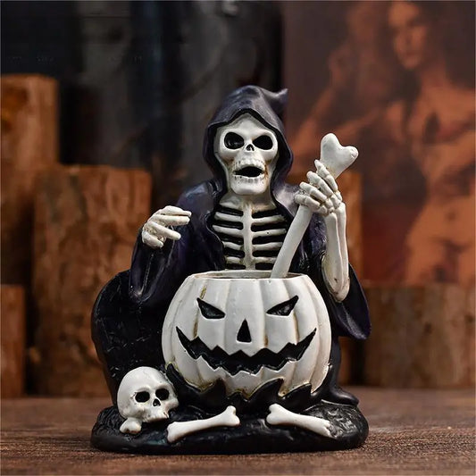 Skeleton figure with a pumpkin and heart, set against a blurred background