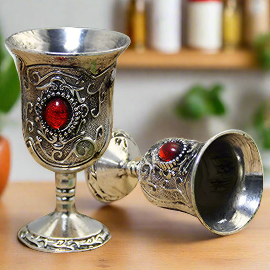Decorative silver goblet with red gemstone on a white background