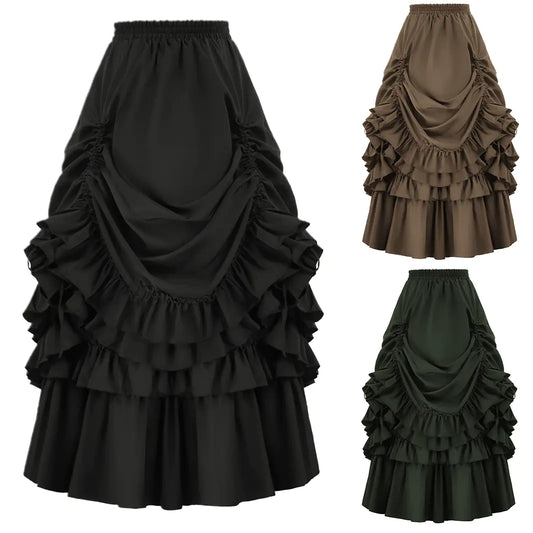 Three ruffled skirts in black, brown, and green on a white background