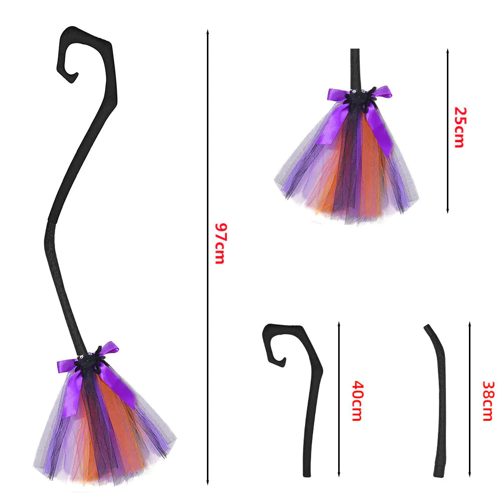 Black cane with colorful tutu skirt and measurements on a white background