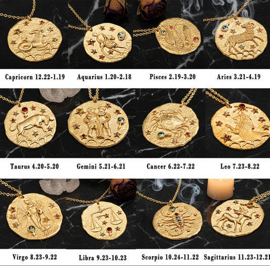 Zodiac Coin Necklace - Sorceress Sanctuary Gemini-Taurus-Leo-New Cancer-New Scorpio