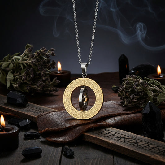 Gold and silver pendant with astrological symbols on a black background