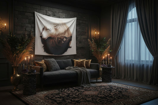 Yin Yang Wolf Tapestry with Digital Print Design Sorceress Sanctuary