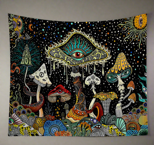 Colorful tapestry with mushrooms, eyes, and abstract patterns on a black background
