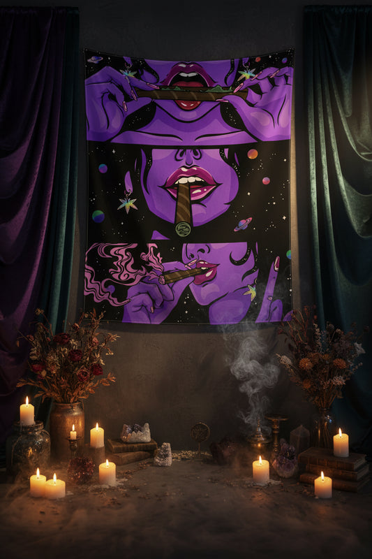 Purple tapestry with a stylized face design hanging on a wall above a bed.