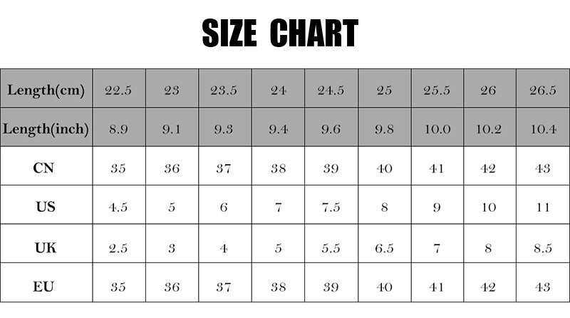 Size chart comparing different length measurements in centimeters, inches, CN, US, UK, and EU standards.
