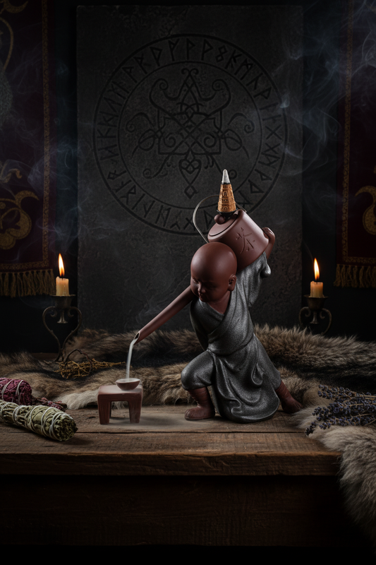 Ceramic statue of a monk pouring tea from a kettle on a wooden surface with a gray background
