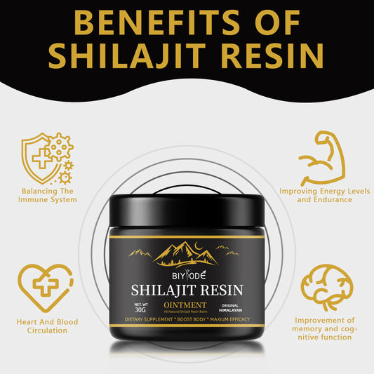 Shilajit resin ointment jar with benefits listed on a white background