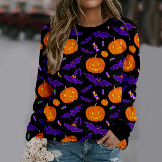 Halloween-themed sweatshirt with pumpkins and bats on a black background