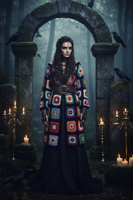 Colorful crocheted square-patterned coat on a hanger against a white background